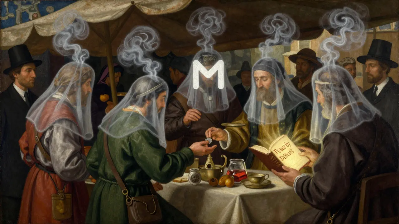 Рынок в средневековом стиле, где транзакции скрыты дымом, а ученые изучают книгу о приватности по умолчанию.