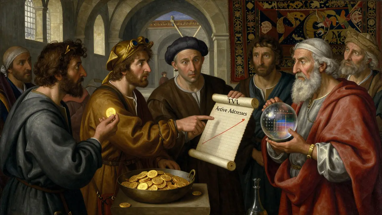 Рынок в стиле Средневековья: торговцы обменивают токены, один указывает на журнал TVL, другой на рост адресов, мудрец держит сферу NVT.