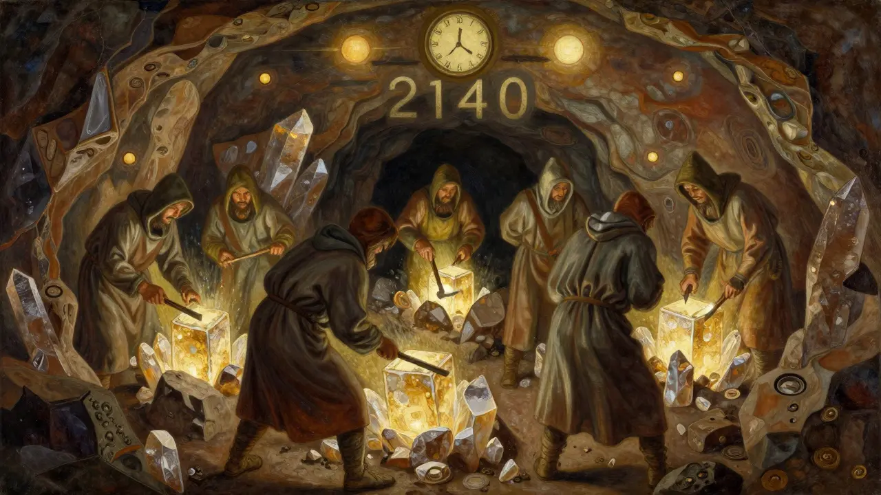 Шахтёры добывают светящиеся блоки биткоина из кристаллической породы под небесными знаками халвингов.