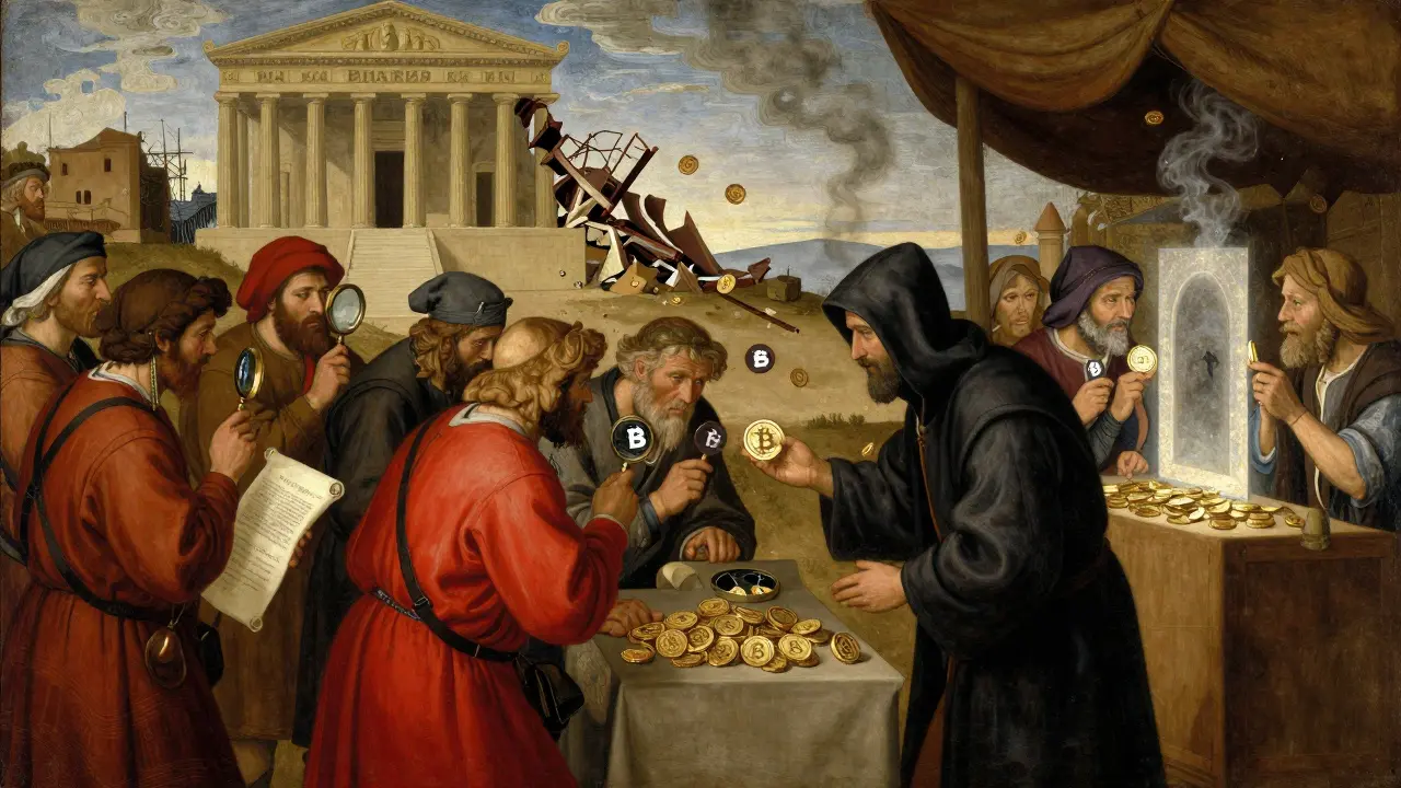 Средневековый рынок, где торговцы обменивают монеты, а мошенник предлагает фальшивые кошельки.