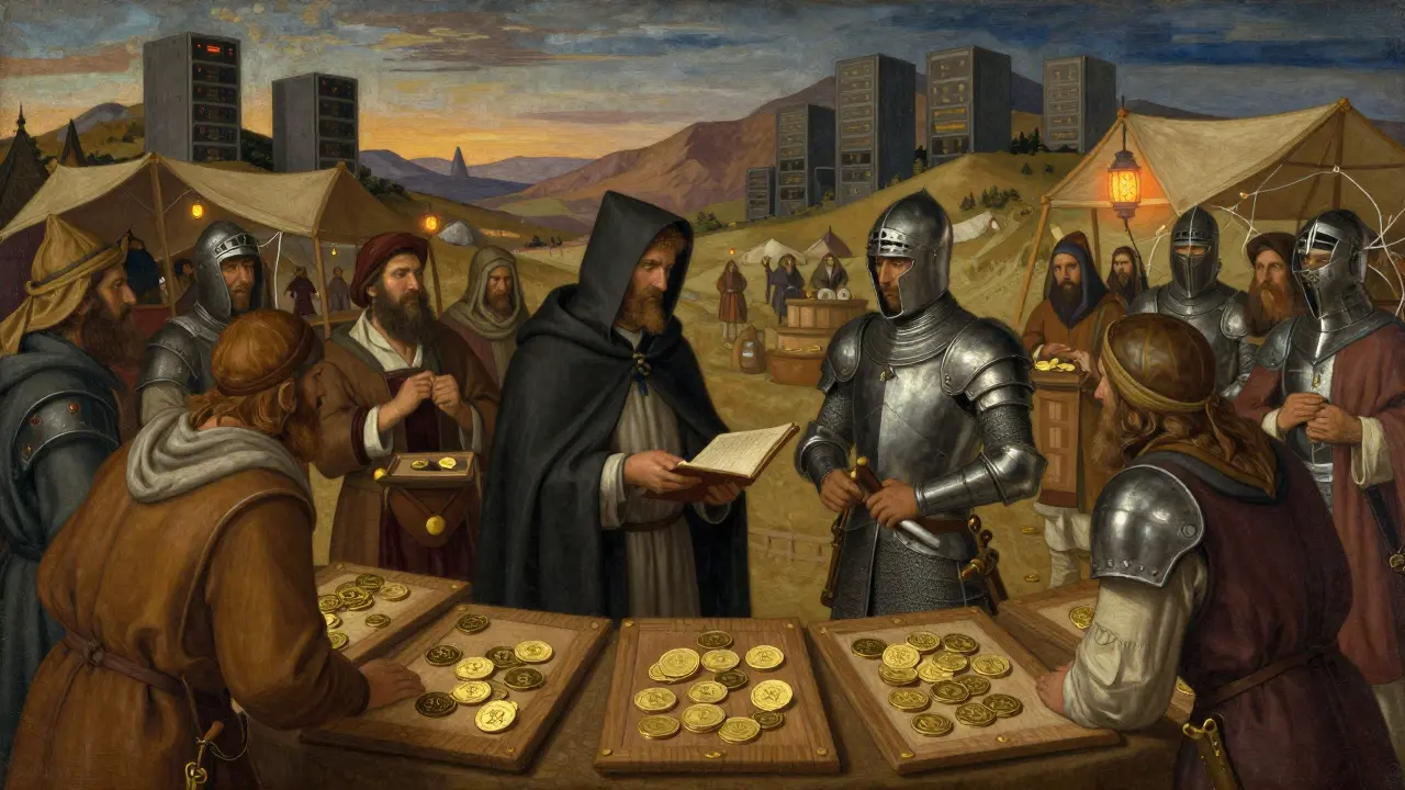 Средневековый рынок, где торговцы обменивают золото на биткоин-жетоны на деревянных табличках.