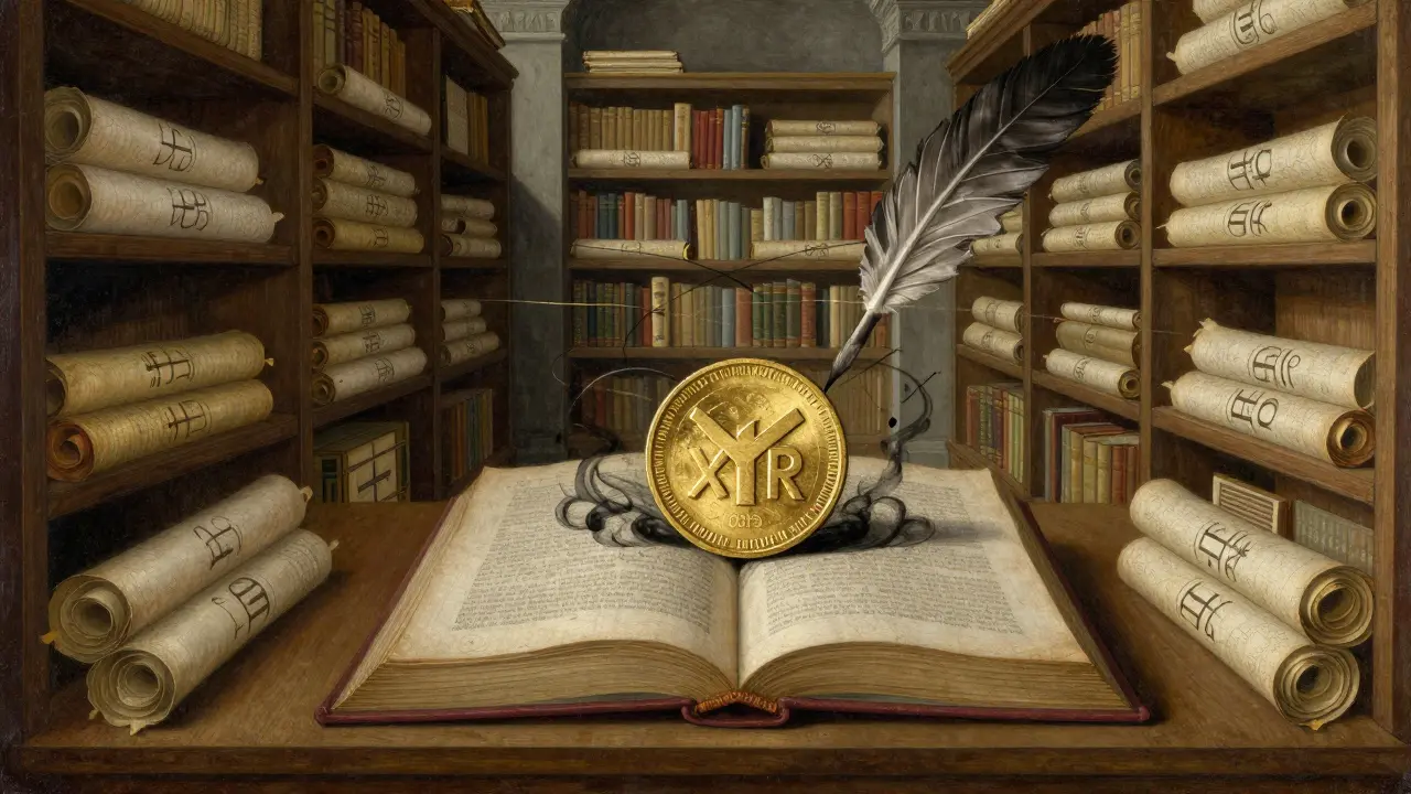 Старинная библиотека с древними свитками, где золотая монета Monero скрывает все остальные транзакции.