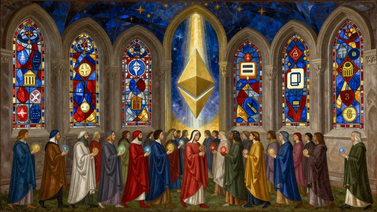 Светящаяся соборная архитектура с изображениями децентрализованных приложений, символизирующая Эфириум как платформу будущего.