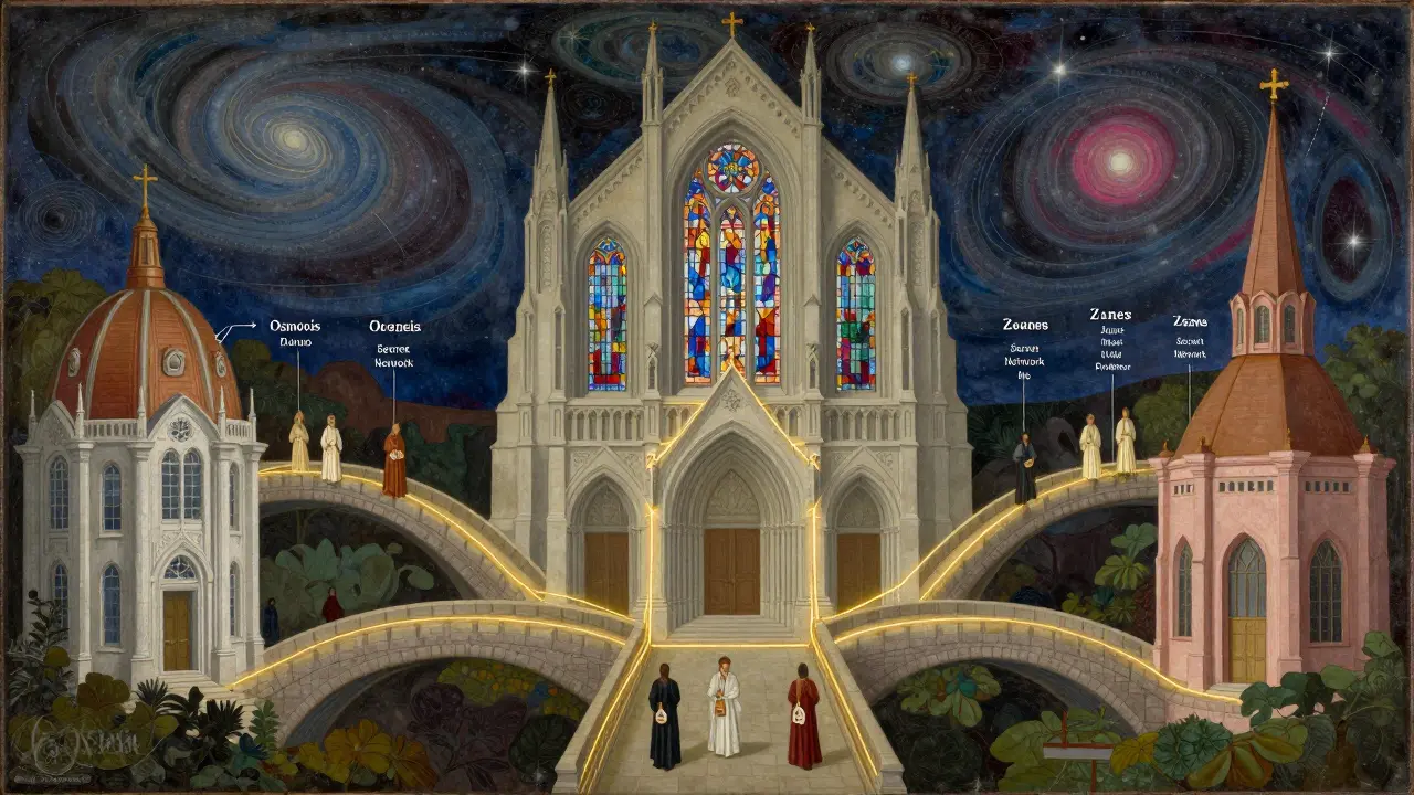 Темперная живопись: центральный храм Cosmos с храмами-зонами, соединёнными золотыми мостами.