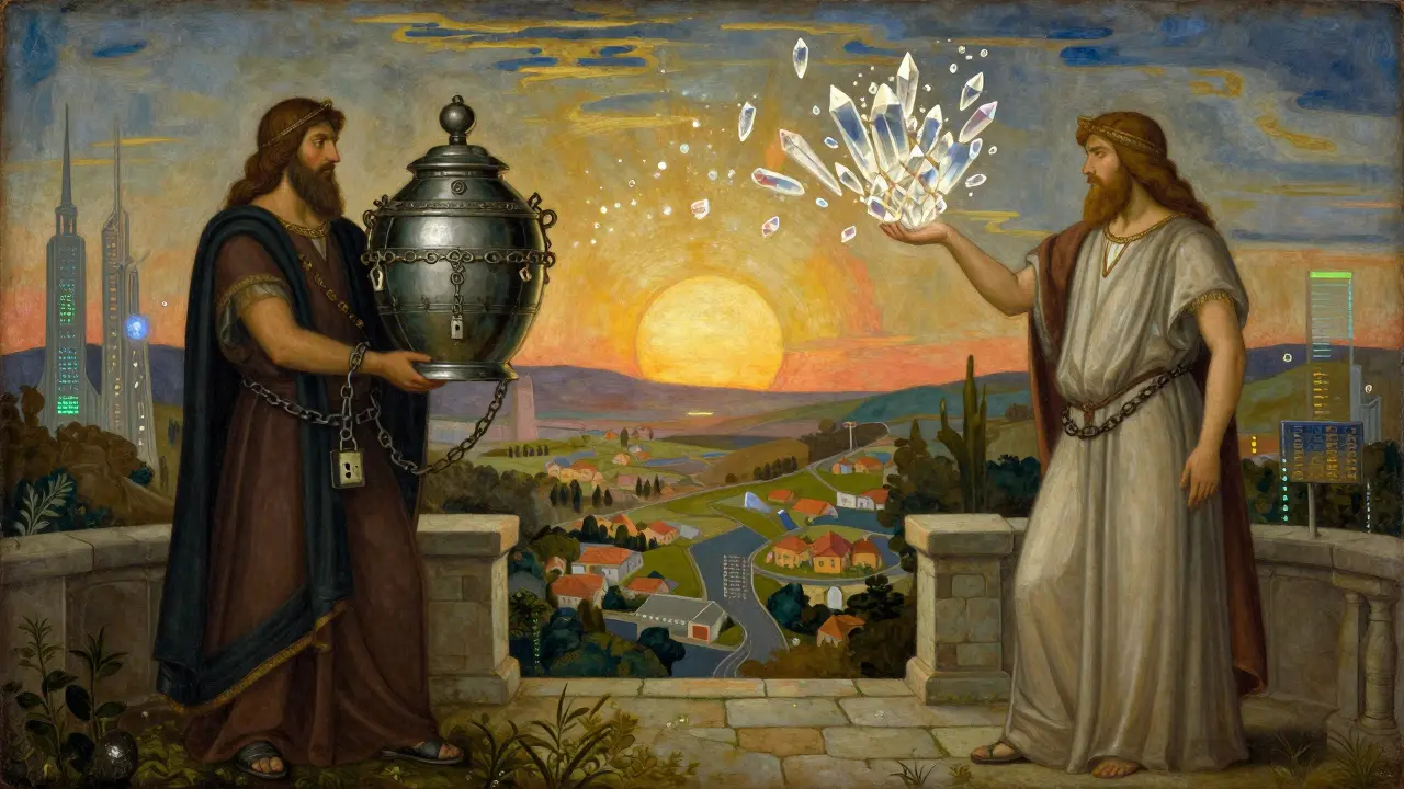 Темперная живопись двух алхимиков с символами Aptos и Sui на мосту, представляющих разные подходы к блокчейну.