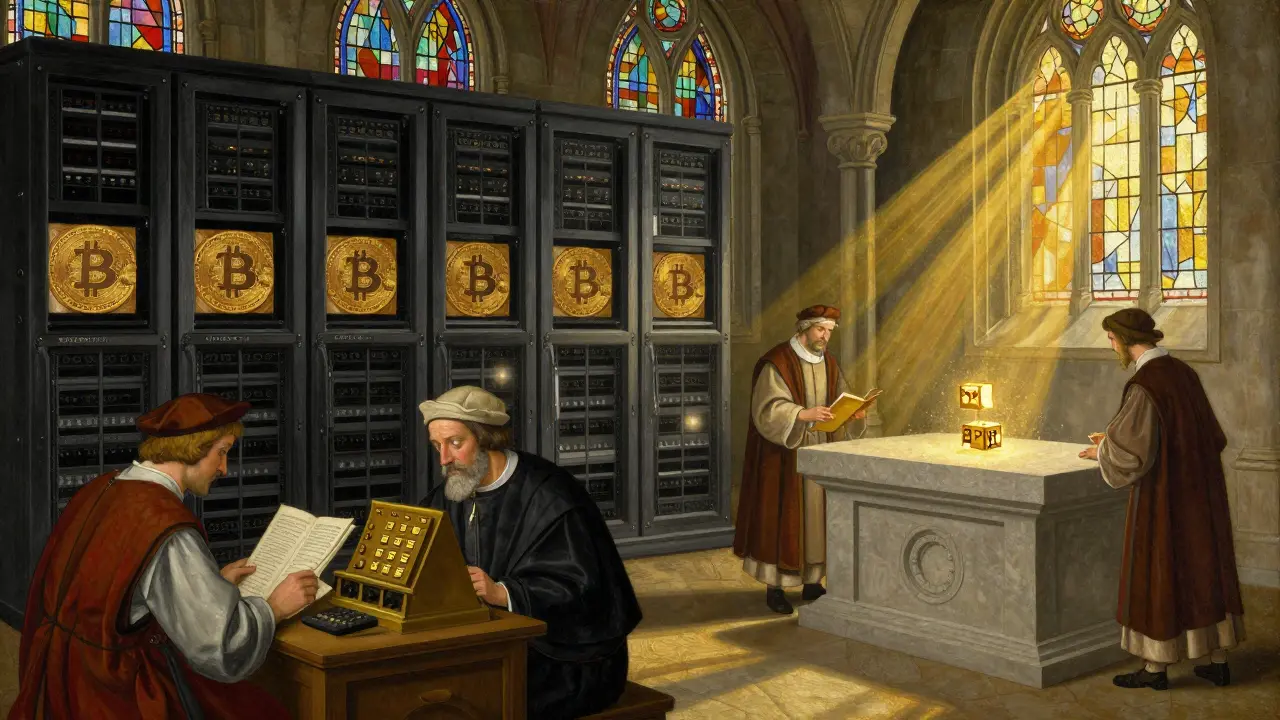Темперная живопись: храм данных с витражами блокчейна и клерки в ренессансной одежде, управляющие письменными свитками.