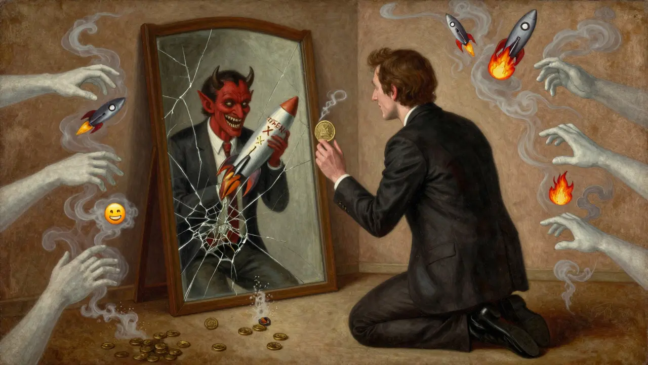 Темперная живопись: инвестор смотрит в зеркало, где его отражение — демон с ракетой, вокруг — призрачные руки и пылящие монеты.
