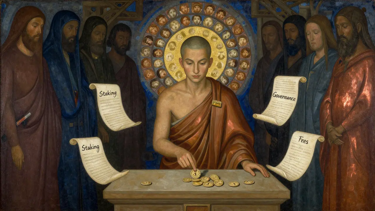 Темперная живопись: монах кладёт ATOM на алтарь, вокруг — мозаика валидаторов, тени доминирующих фигур.