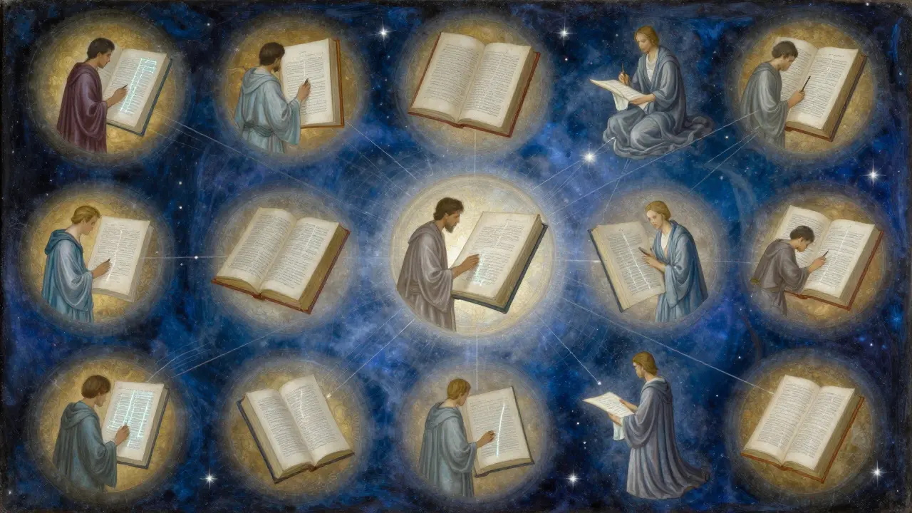 Темперная живопись небесной библиотеки с отдельными объектами, плавающими в золотых аурах, как в архитектуре Sui.