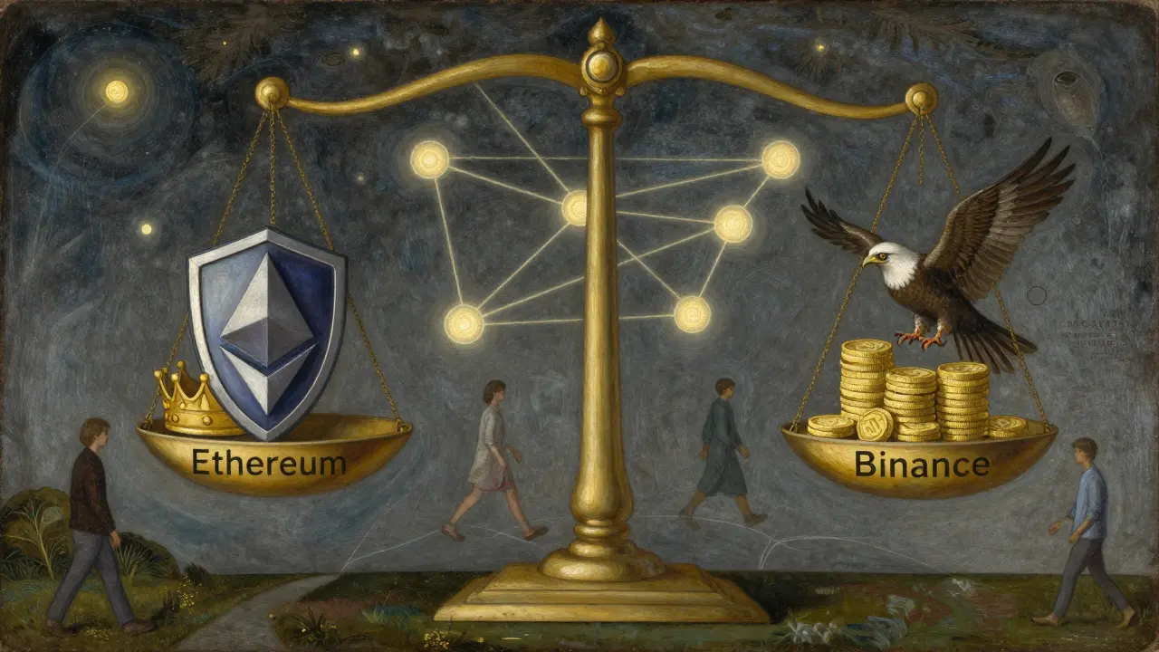 Темперная живопись: небесные весы с символами Ethereum и Binance, над путями пользователей, изображённые в тёплых пигментах с золотом.