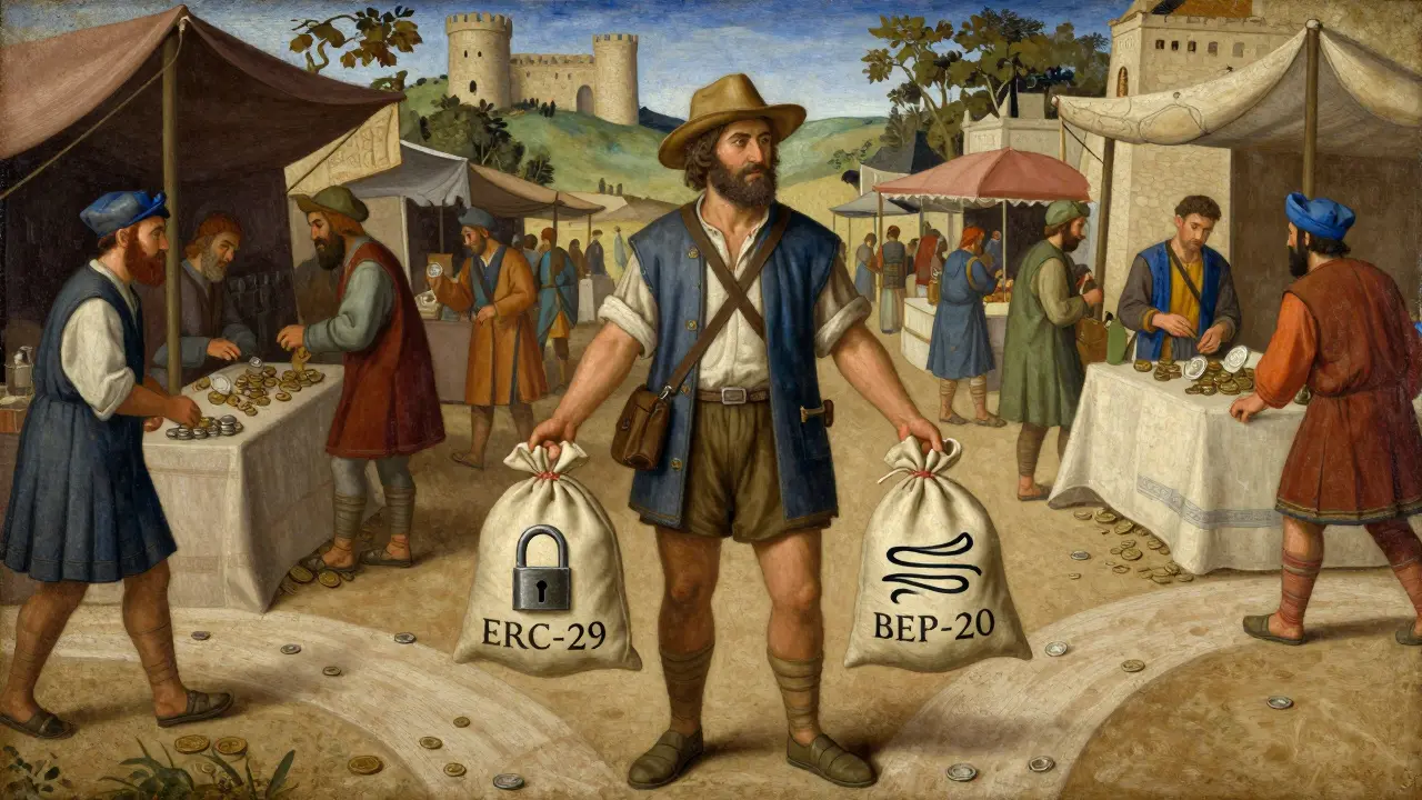 Темперная живопись: путник у распутья с двумя мешками — один с замком, другой с ветром — символизирующие выбор между хранением и транзакциями.