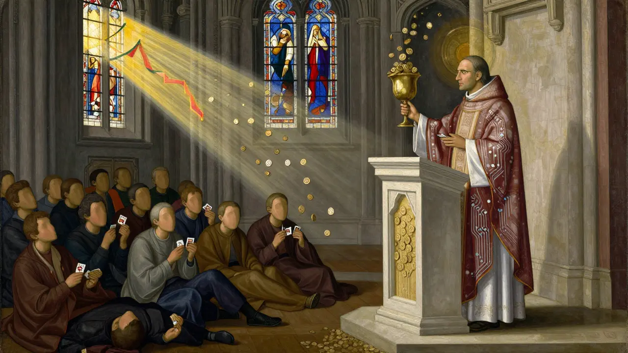 Темперная живопись: собор, где священник проповедует о блокчейне, а верующие падают в тень, падающие монеты образуют графики на витражах.