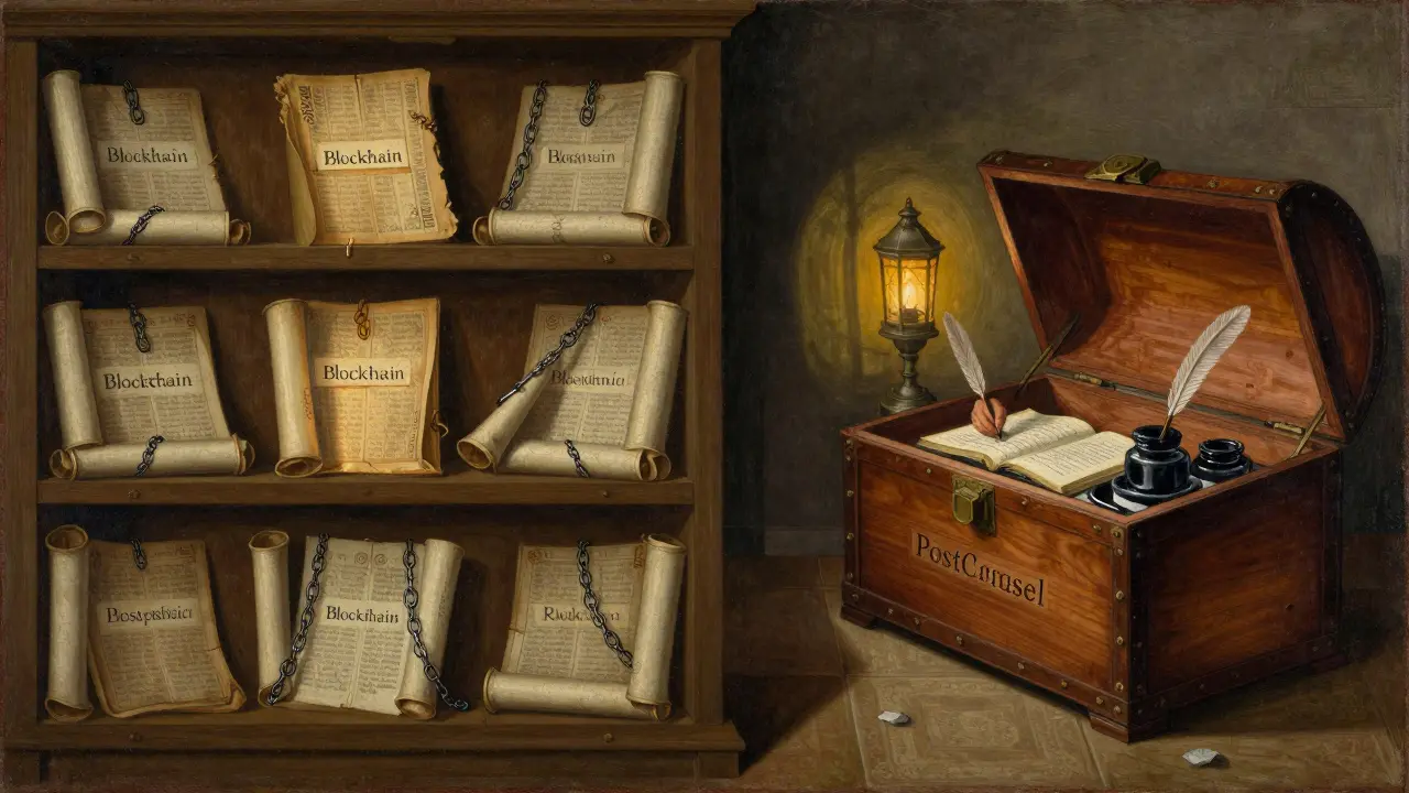 Темперная живопись: средневековая библиотека с двумя полками — блокчейн в запечатанных свитках и база данных с чернилами.