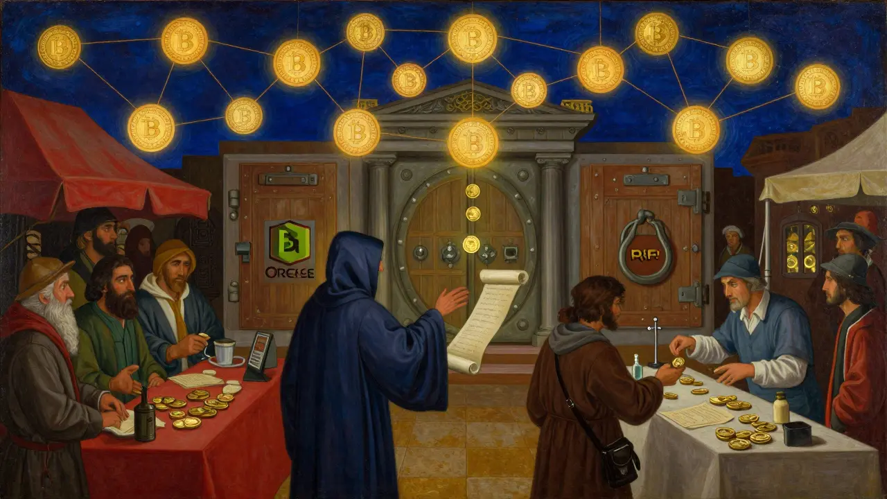 Темперная живопись: торговцы в рыночной сцене обменивают товары между блокчейн-узлами и централизованным банком.