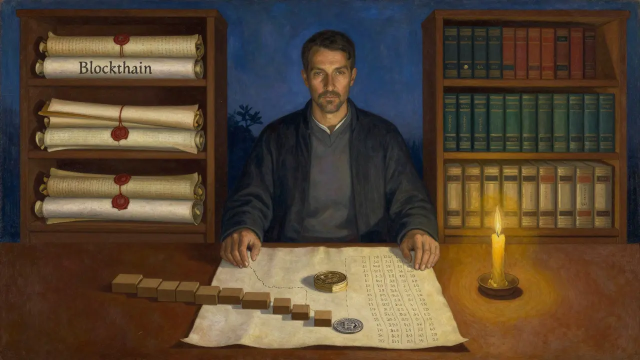 Темперная живопись: ученый в кабинете стоит между полками с записями блокчейна и баз данных, символизируя их сотрудничество.