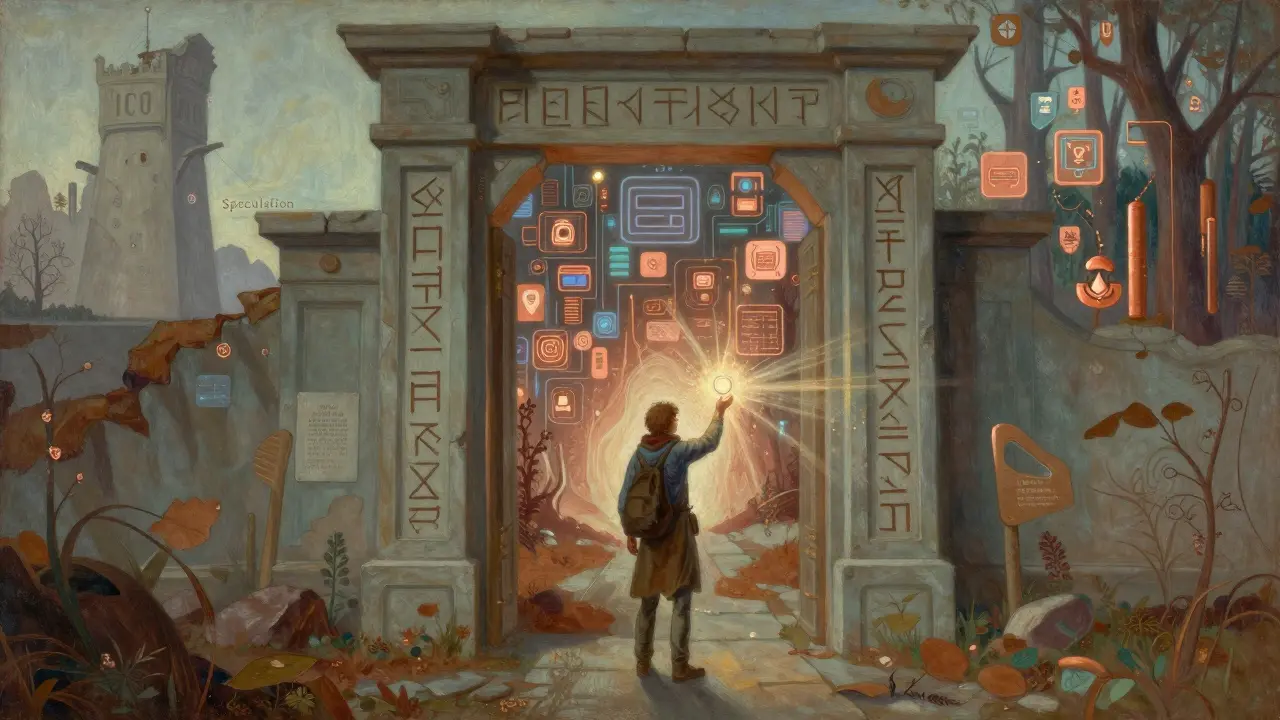 Традиционная живопись темперой: путешественник открывает врата с помощью светящегося токена.