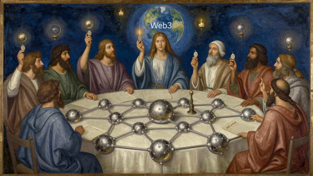 Традиционная живопись темперой: совет мудрецов обсуждает регулирование токенов вокруг круглого стола.