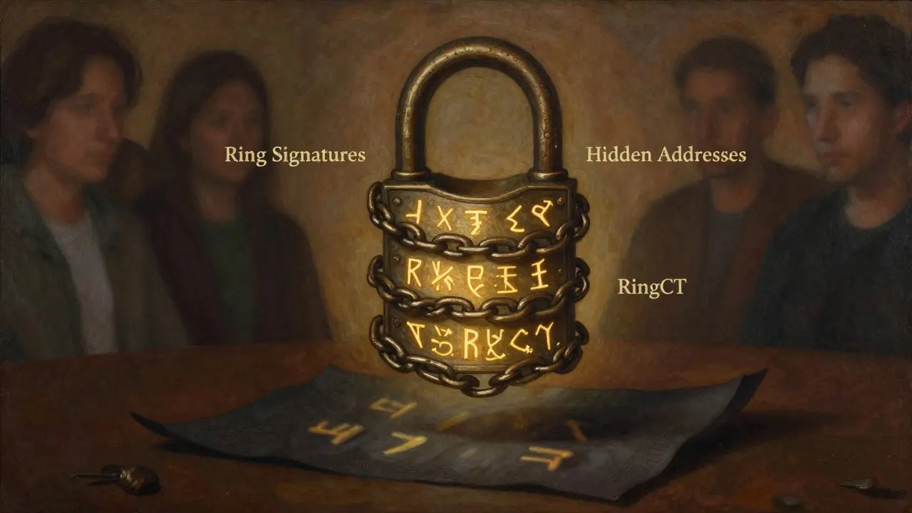 Трехслойный замок с рунами, символизирующий кольцевые подписи, скрытые адреса и RingCT, над древним свитком.