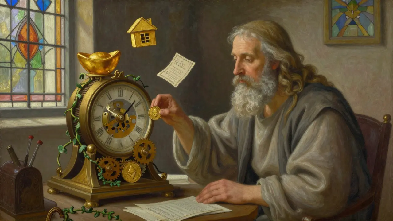 Учёный в кабинете вставляет токен Эфириума в механизм, олицетворяющий токенизацию реальных активов.