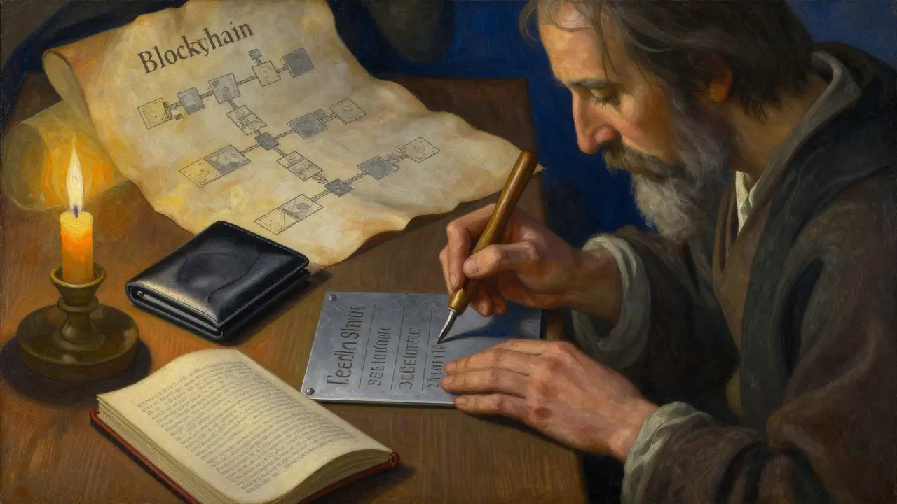 Ученый высекает seed-фразу на металлической пластине, рядом лежит аппаратный кошелек.