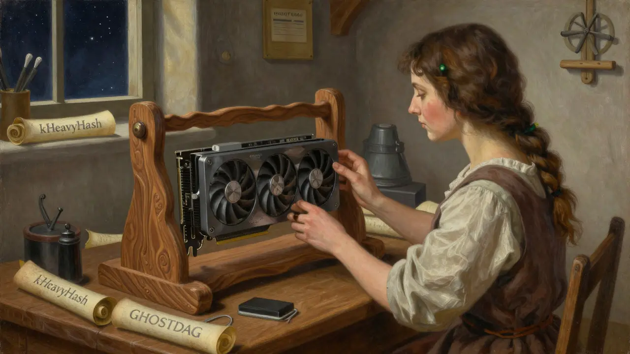 Женщина настраивает видеокарту на деревянном станке, окружённая свитками с названиями kHeavyHash и GHOSTDAG, в стиле древней живописи.