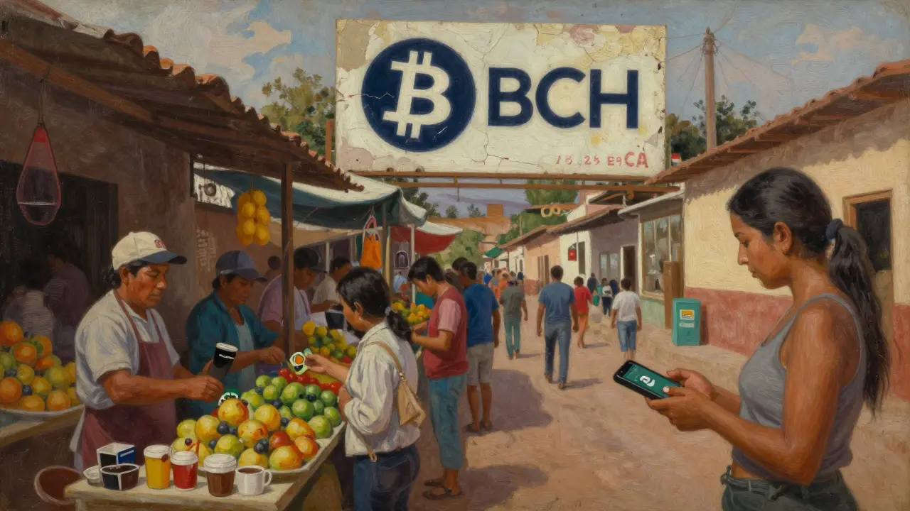 Живопись в стиле темперы: рынок в Латинской Америке, где люди платят Bitcoin Cash за кофе и фрукты.