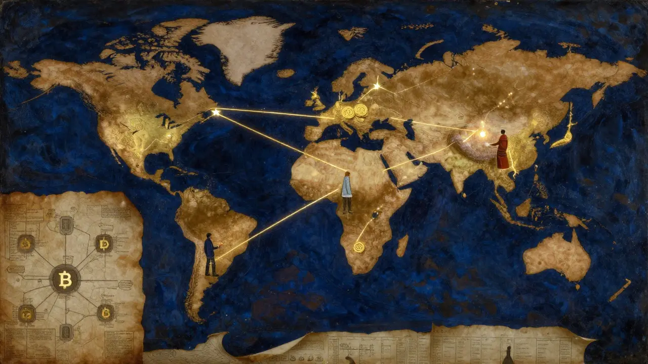 Золотые нити соединяют узлы сети Lightning по всему миру, символизируя мгновенные биткоин-платежи.