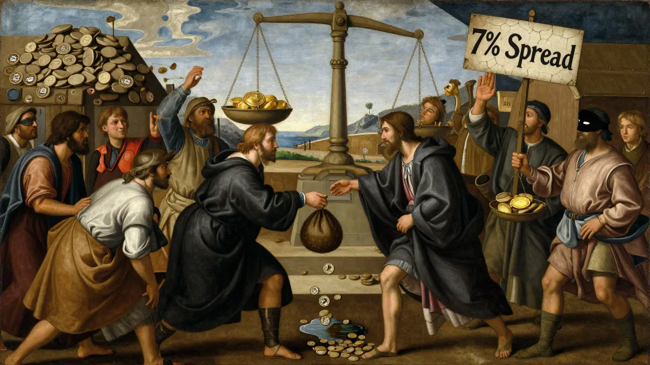 Беспорядочный рынок с поддельными криптовалютами, человек отдает деньги мошеннику. Весы показывают Bitcoin как золото и альткоины как глину.