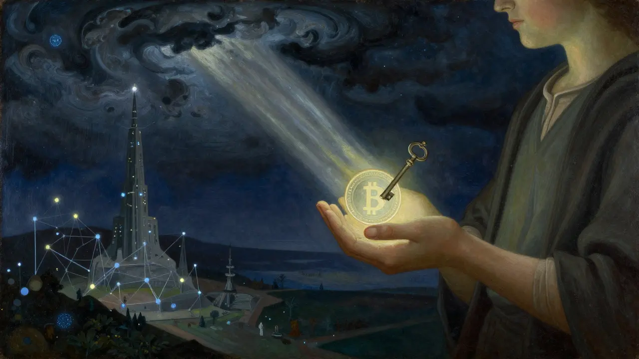 Человек держит ключ и светящуюся биткоин-монету на фоне цифровых башен под звёздным небом.