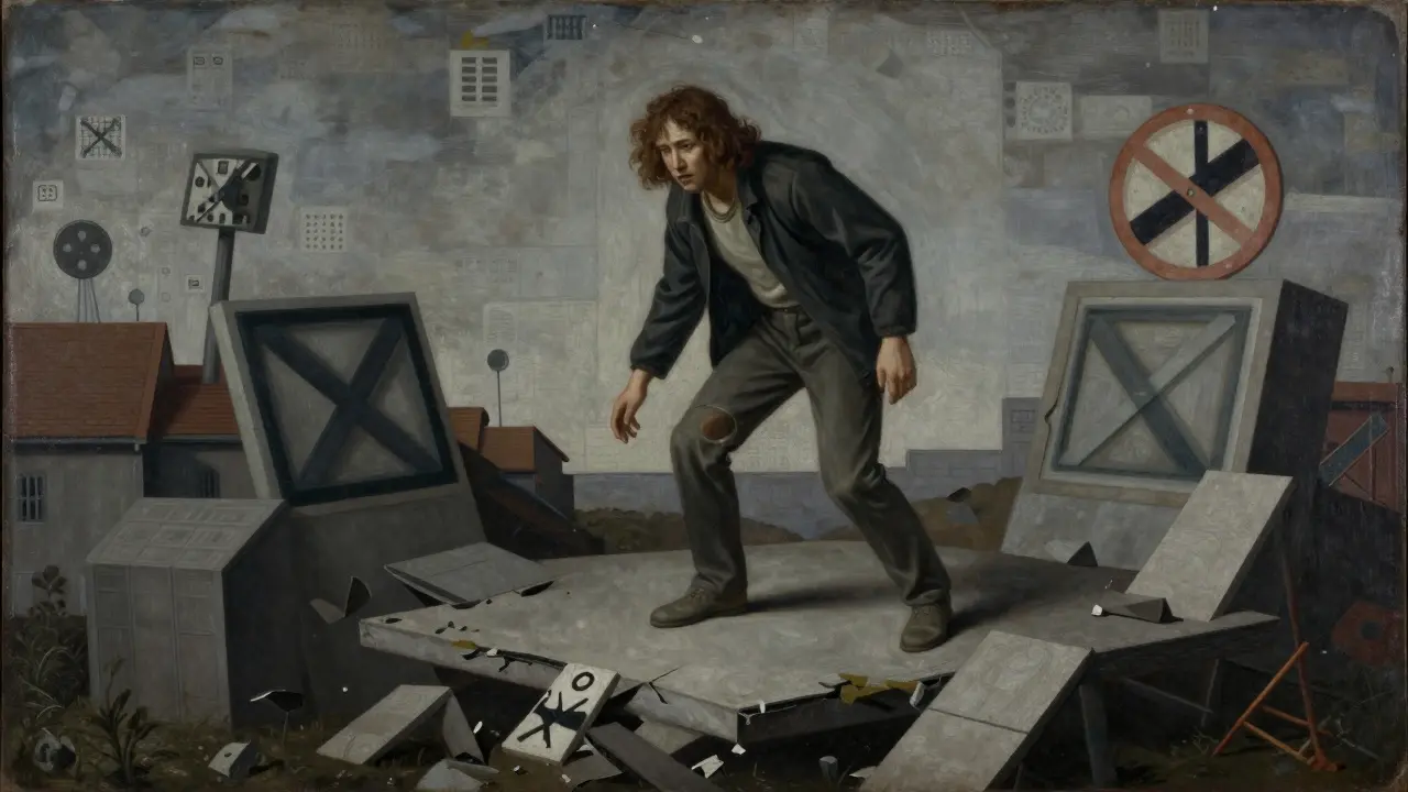 Человек на хрупкой платформе токенов, регуляторные символы вокруг, тревога