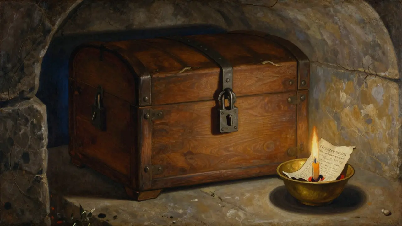 Деревянный сейф с ключами в темной кладовой, рядом горит записка с паролем.