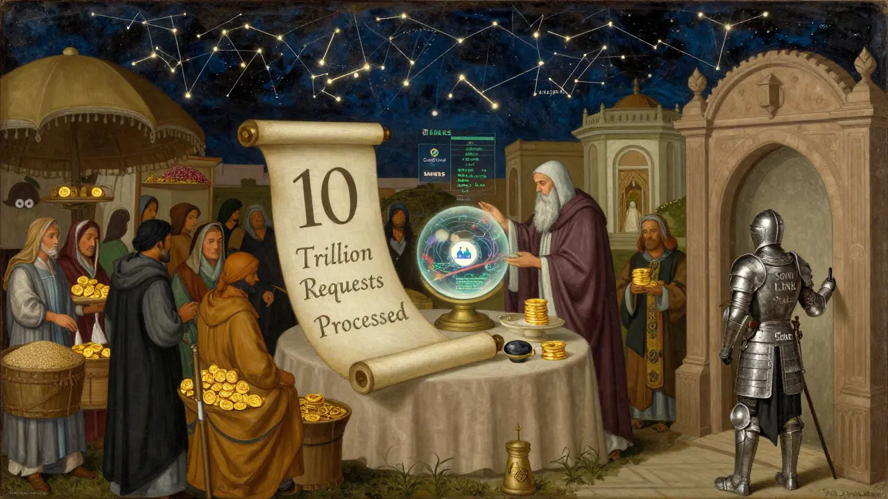 Древний рынок с узлами Chainlink, где ученый наблюдает за потоками данных от Google и Siemens, а рыцарь охраняет ворота с залогом LINK.