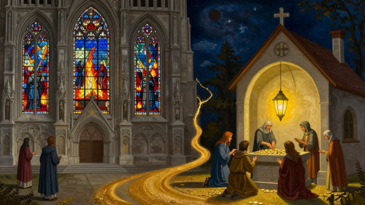 Два храма — один с огненными печами, другой с тихой лампадой — соединены золотой дорожкой, символизируя PoW и PoS.