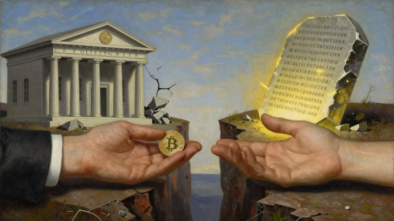Две руки по разные стороны пропасти: одна дает криптовалюту, другая — пуста, рядом — руины банка и блокчейн-табличка.
