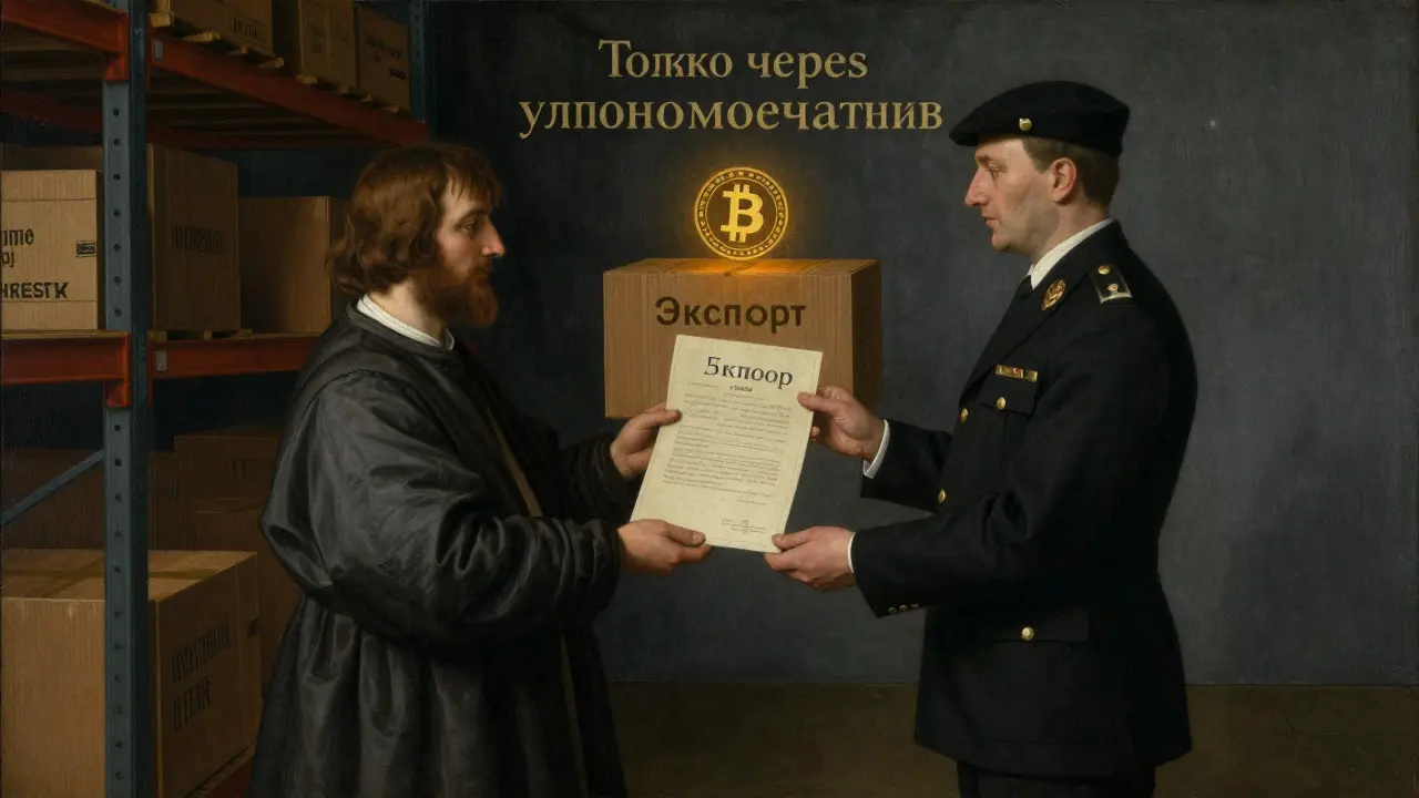 Экспортёр передаёт контракт банку, над ящиком светится USDT, надпись 'Только через уполномоченных операторов'.