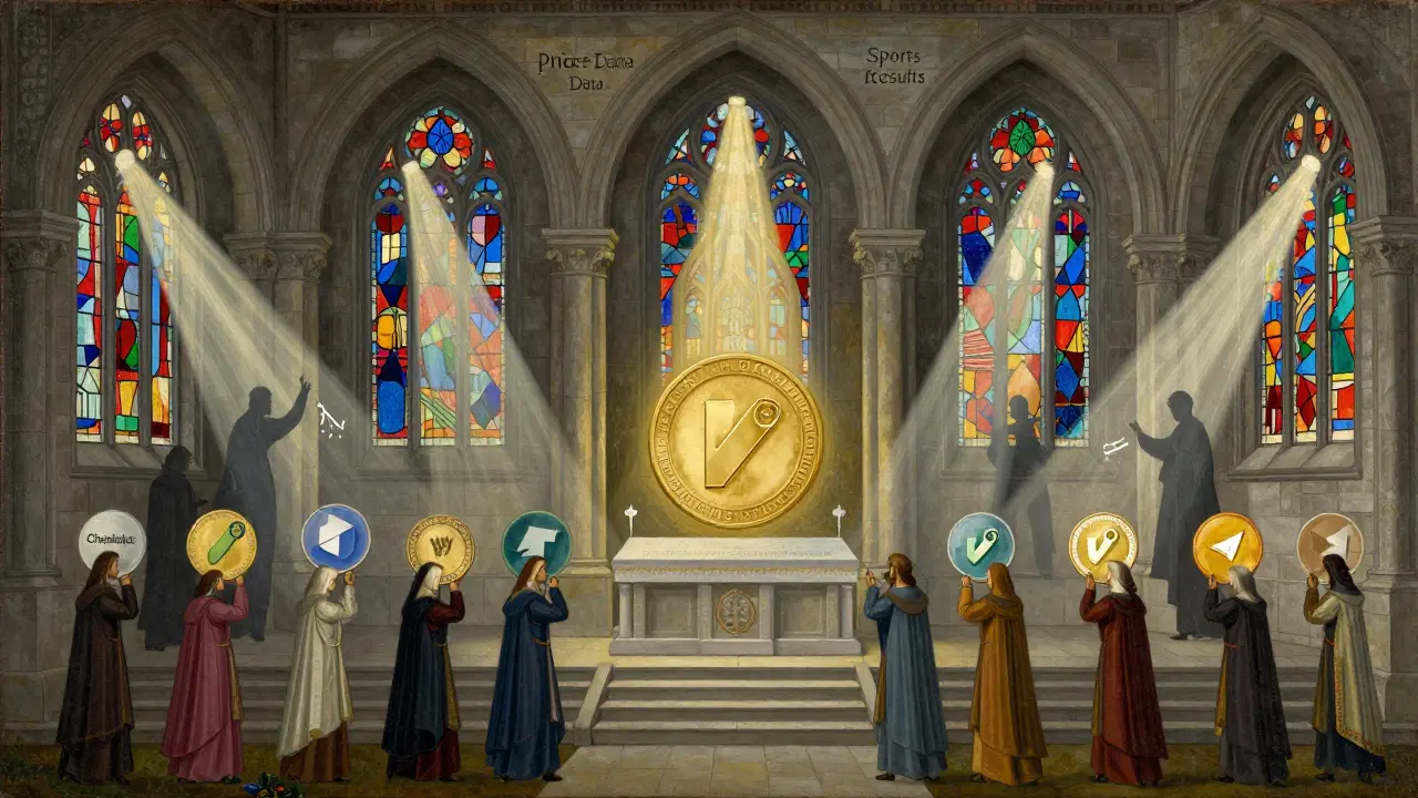 Храм из каменных арок с лучами света от данных, где золотой токен LINK фильтрует ложные сигналы через коллективное подтверждение.