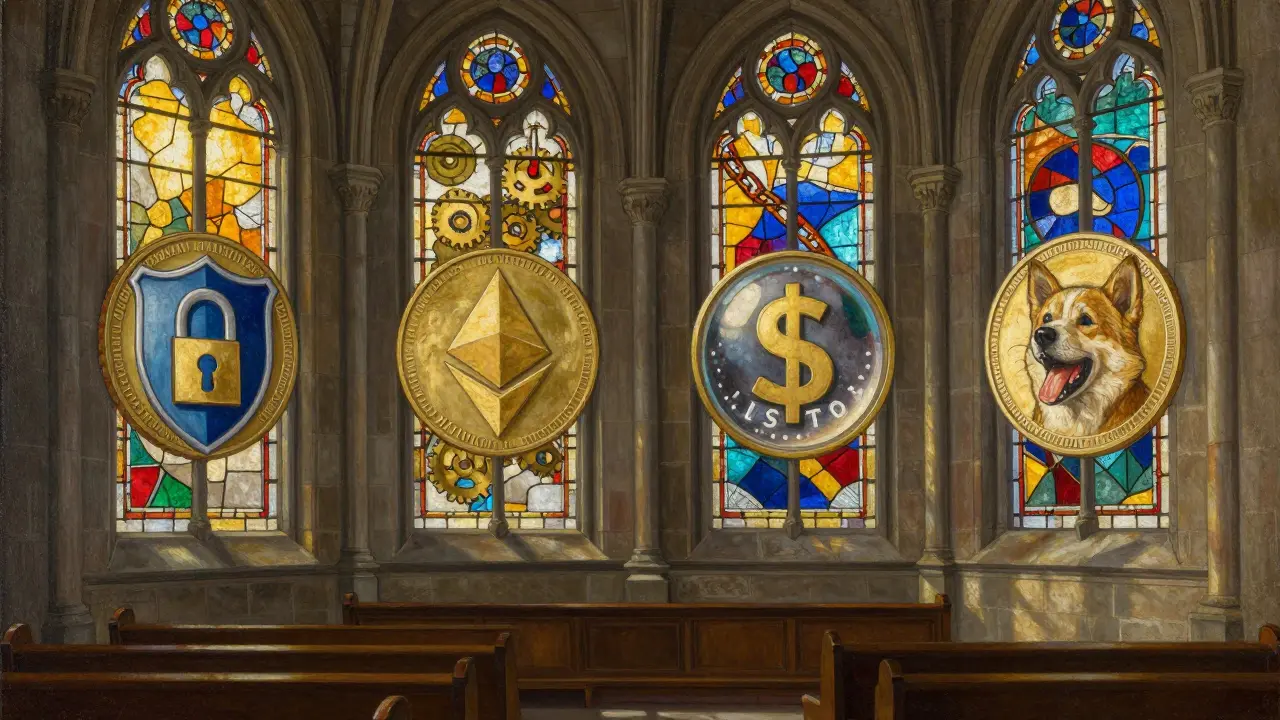 Храм с витражами, изображающими четыре типа альткоинов: приватность, утилитарность, стабильность и мем.