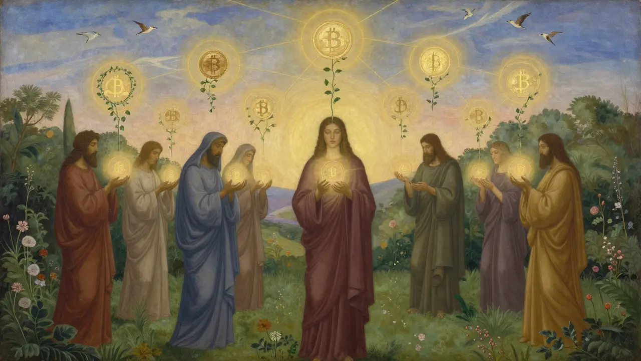 Люди держат светящиеся сферы, из которых растут золотые нити, символизирующие стейкинг и доверие.