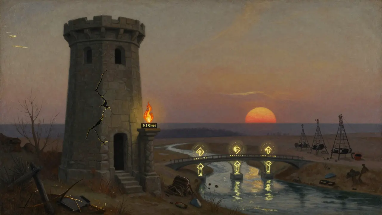 Опустевшая башня валидатора при рассвете, с едва заметным огоньком комиссии и мостами Layer-2 в стиле темперы.