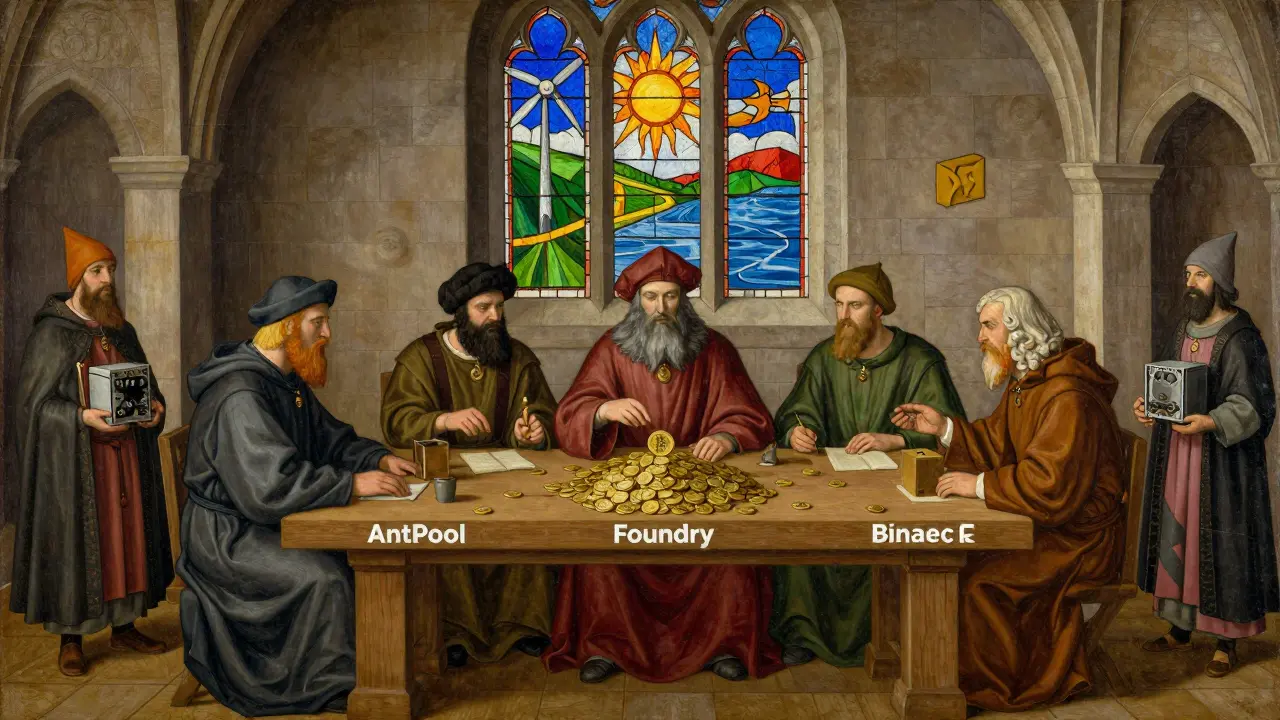 Пять крупных майнинговых пулов управляют добычей биткоинов, в то время как мелкие майнеры стоят в тени, изображённые в стиле темперной живописи.