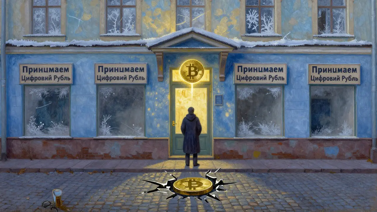 Пустые магазины с надписями о цифровом рубле, разбитый биткоин на улице.