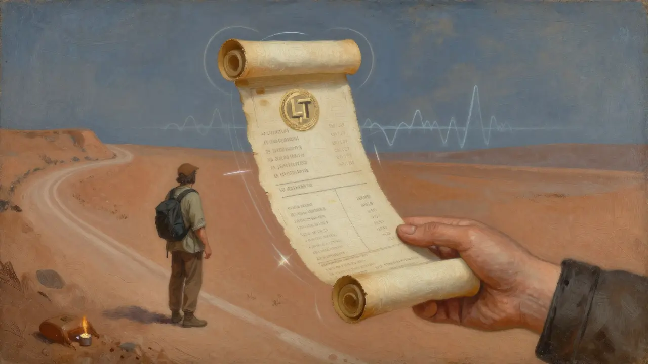 Путешественник на дороге, держащий свиток, превращающийся в транзакцию Litecoin.