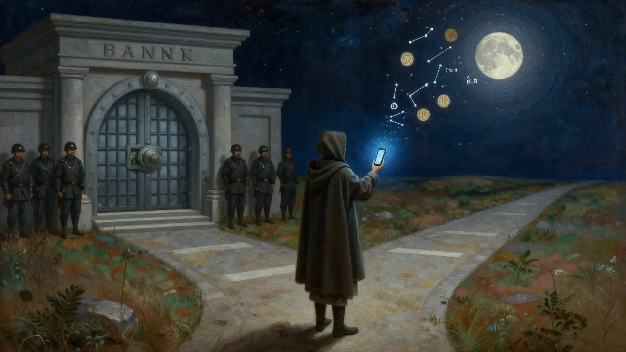 Путешественник на перепутье между банком и цифровым миром криптовалют.