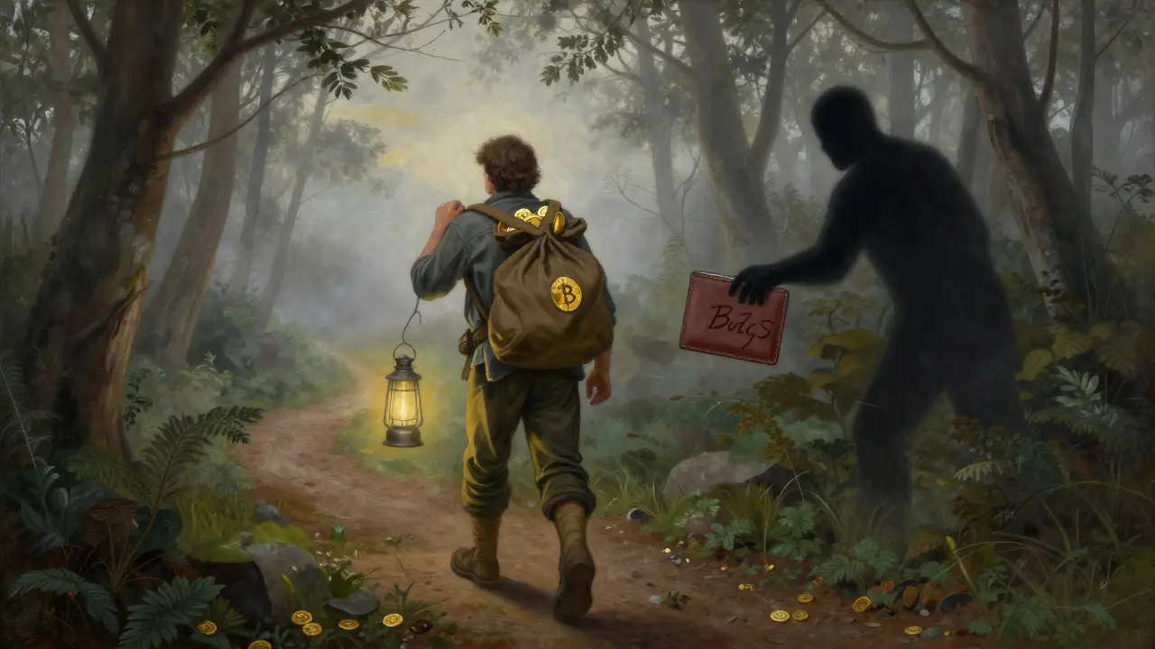 Путник идет по лесу с кошельком биткоинов, позади — тень, пытающаяся забрать ошибочный адрес, впереди — фонарь.