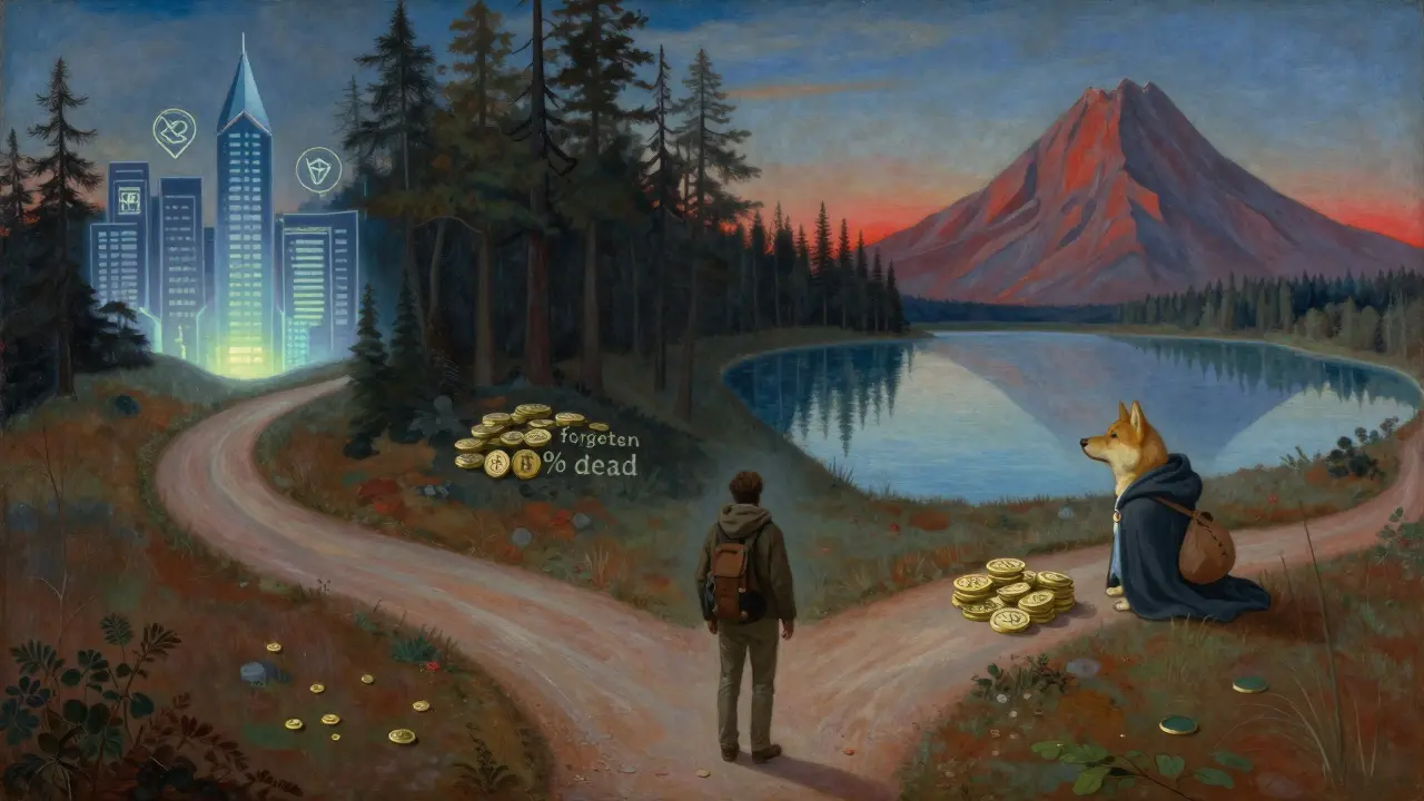 Путник на распутье с четырьмя путями, символизирующими Ethereum, забытые токены, стейблкоины и мемкоин.