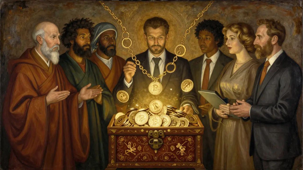 Разные люди вокруг сундука с цифровыми золотыми монетами и плавающей цепью блоков.