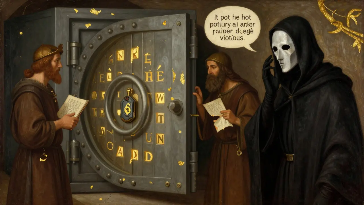 Сейф с зашифрованной фразой, охраняемый тремя фигурами, а за спиной — тень с маской ИИ.