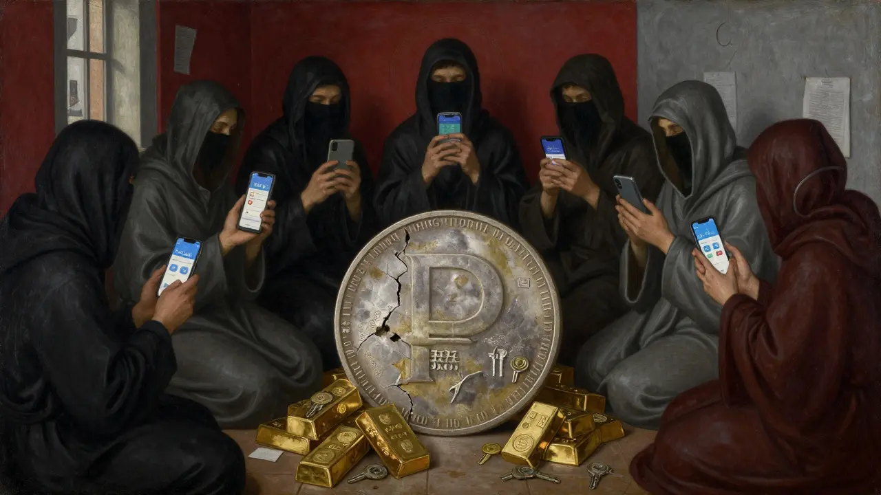 Семь миллионов людей обменивают криптовалюту через Telegram, рядом — разбитый рубль, в стиле темперной живописи.