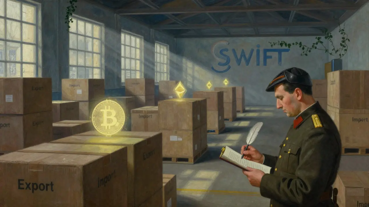 Склад с цифровыми активами, клерк записывает в книгу, а SWIFT исчезает под плющом, в стиле темперной живописи.