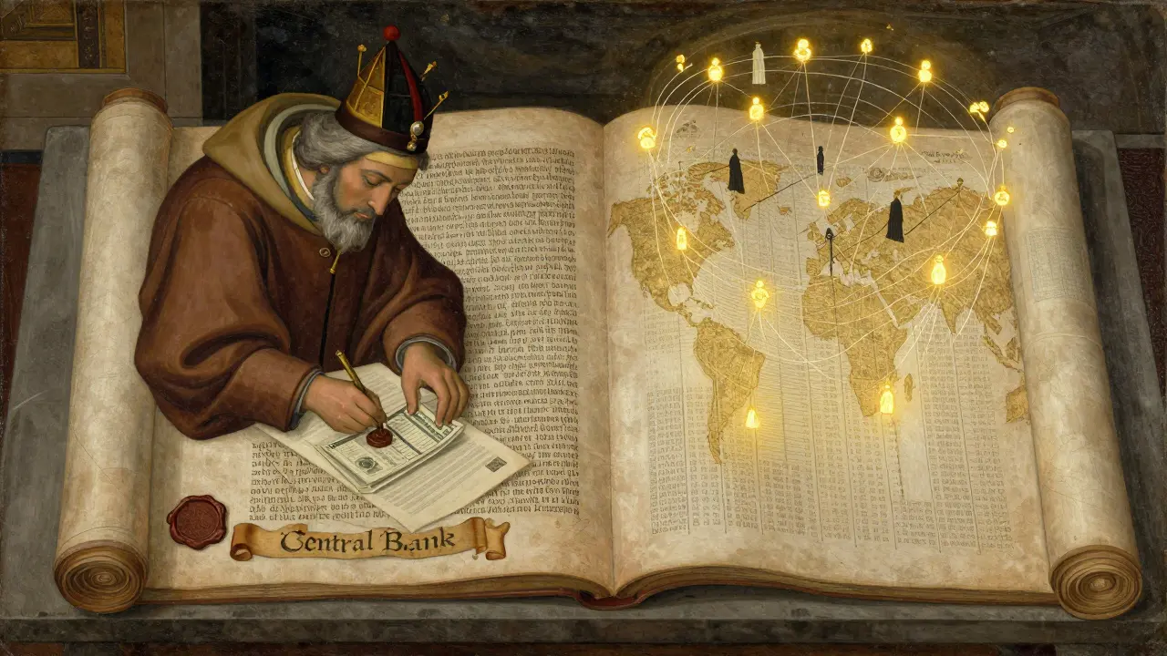 Старинная рукопись, сравнивающая централизованное денежное обращение и блокчейн.